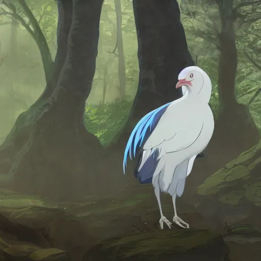 Image similar to concept art painting of an anthropomorphic humanoid albino raven wearing dark blue robes, in the deep forest, realistic, detailed, cel shaded, in the style of makoto shinkai and greg rutkowski and james gurney