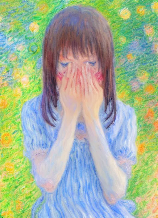 Image similar to an extremely cute girl crying tears of joy, very anime, trending artwork, 4 k, anime painter studio, an impressionist style by claude monet