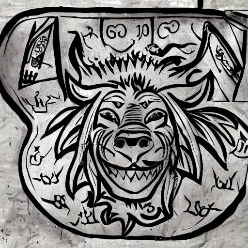 Image similar to sigil of a pig, a lion, a jester, a bat, and a knight carved into a cave's wall