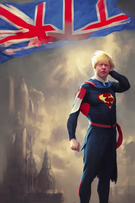 Image similar to Boris Johnson as a superhero with Union Jack flag, portrait, highly detailed, digital painting, artstation, concept art, smooth, sharp focus, soft volumetric lights, illustration, cinematic lighting, art by artgerm and greg rutkowski and alphonse mucha