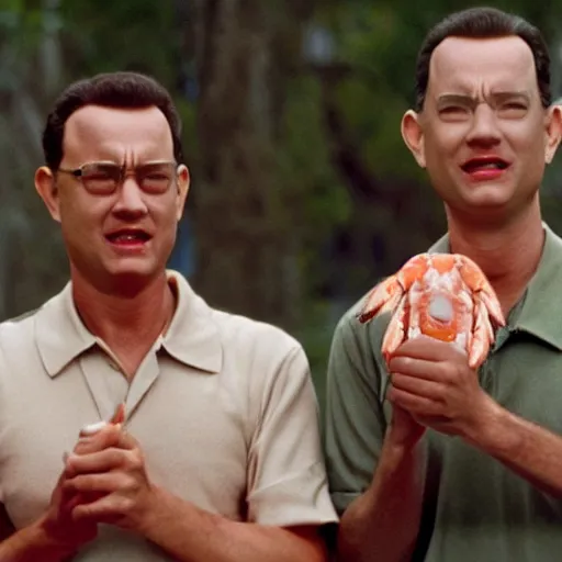 Image similar to Tom Hanks as forrest gump has giant shrimp heads instead of hands, hyper realistic, 8k resolution, amazing detail