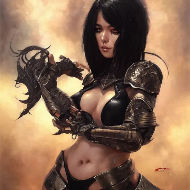 Prompt: full body portrait of beautiful girl cosplay with black hair in bikini armor without black strong makeup, clothes on, few tattoos, art by stanley artgerm lau and artgem and wlop and magali villeneuve and karol bak and gennady ulybin