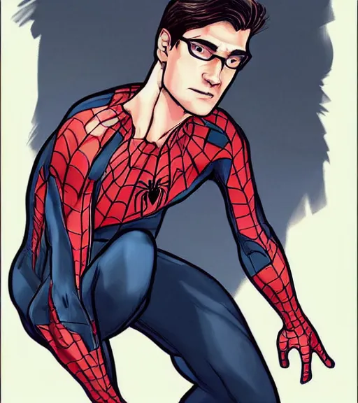 Image similar to very handsome peter parker with his spider suit removed to his waist, looking seductive, digital art, realistic