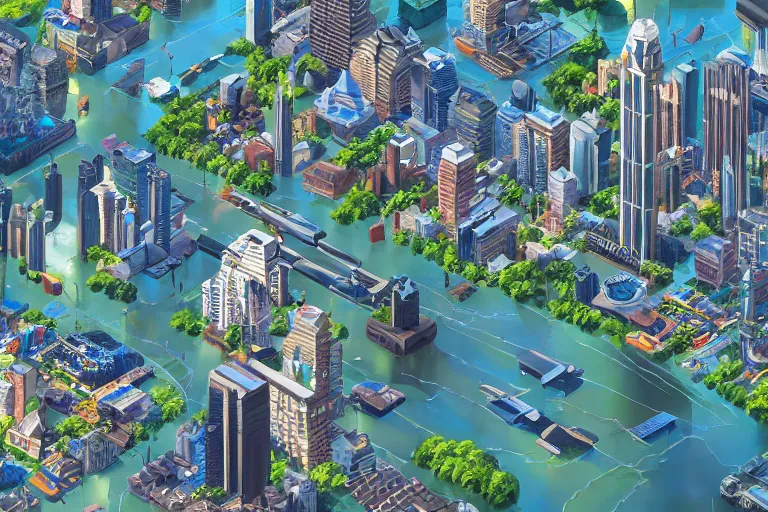 Prompt: an isometric view of a sprawing far-future flooded ecotopia Manhattan metropolis, with shiny glass buildings, and canal streets with gondolas and other boats, sparkling water, beautiful, dynamic lighting, atmospheric, highly detailed digital art, cinematic establishing shot