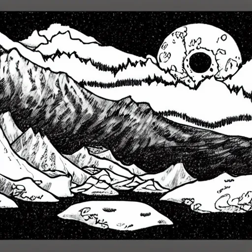 Prompt: Rocky mountains, drawn in the style of Kentaro Miura, eldritch