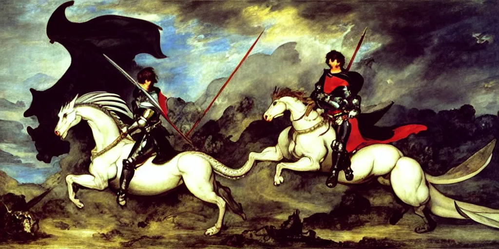 Prompt: knight fighting large white dragon, art by eugene delacroix, raphael