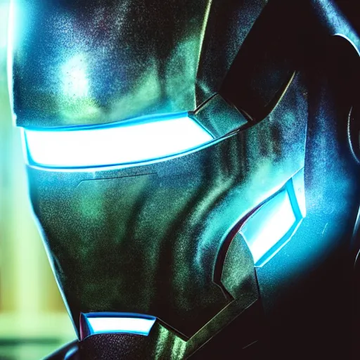 Prompt: Cyberpunk Iron man, close up shot, neon, cyborg, futuristic, photorealistic, 8K, reflection on helmet,