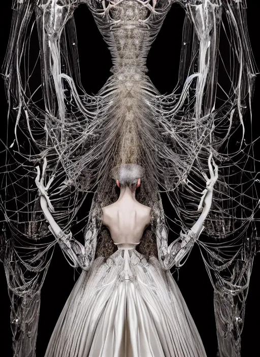 Image similar to walking down the catwalk, tim walker, show, stage, vogue photo, podium, fashion show photo, historical baroque dress dark, iris van herpen, beautiful woman, masterpiece, intricate, biopunk, vogue, full body shot, alien, plant predator, guyver, jellyfish, white biomechanical details, highly detailed