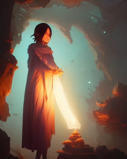 Image similar to highly detailed vfx portrait of a mage casting a light spell, unreal engine, greg rutkowski, loish, rhads, beeple, makoto shinkai and lois van baarle, ilya kuvshinov, rossdraws, tom bagshaw, alphonse mucha, global illumination, detailed and intricate environment