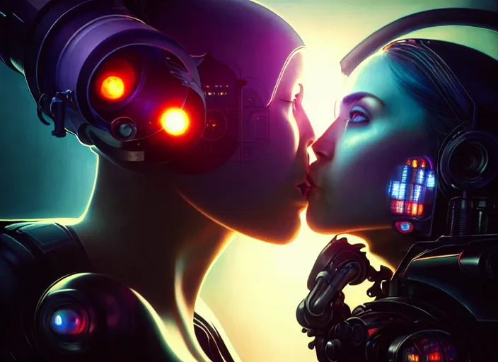 Image similar to ultra realistic medium shot of a couple of cyborgs kissing, lovers, cyberpunk, sci - fi, fantasy, kodak, colour led, soft light, volumetric lighting, night, intricate, highly detailed, digital painting, concept art, smooth, sharp focus, illustration, art by artgerm and greg rutkowski and alphonse mucha