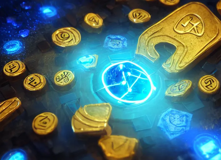 Image similar to magic golden computer chip with runes and a glowing blue crystal in the center, mana flowing around it, product photo, trending on artstation, unreal engine 5, 4 k, 8 k