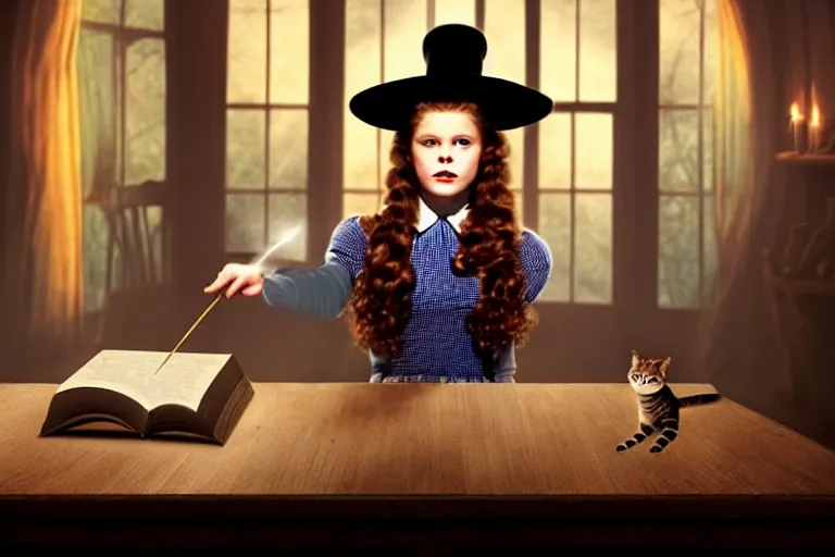 Image similar to close up portrait, dramatic lighting, teen witch calmly pointing a magic wand casting a spell over a large open book on a table with, short hair, cat on the table in front of her, sage smoke, a witch hat cloak, apothecary shelves in the background, still from the wizard of oz