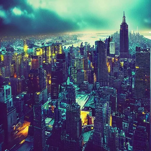 Prompt: “ looking down at a futuristic new york city below, ghostpunk, blade runner, storm clouds, rain, very detailed, realistic, 4 k ”