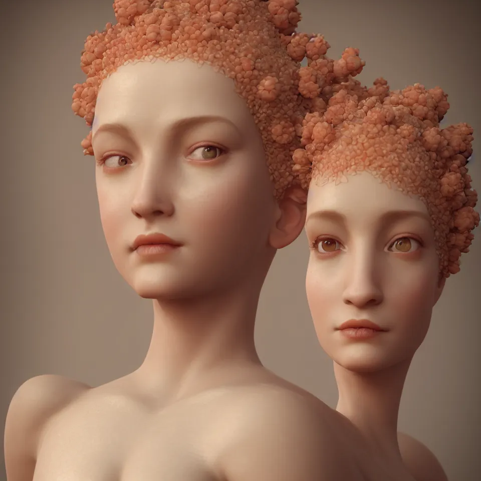 Image similar to A portrait of elegant Queen of peach fruits fairies, skin made of pale human skin. Soft details. Wide angle. clear eyes. Octane Render. art nouveau. 4k. 8k. UHD. Detailed. Trending on artstation. Bokeh.