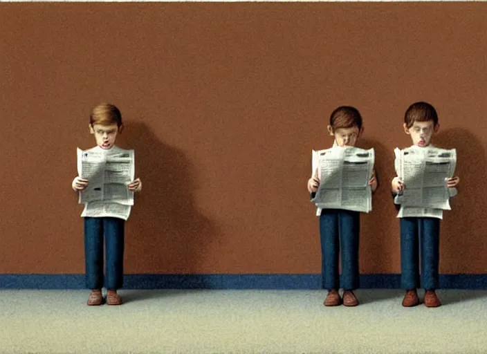 Prompt: a very boring day in school, kids faced away, all wearing identical clothes and reading newspapers, painting by quint buchholz and ray caesar, muted colors, gray, dull, boring, low energy, pale blue faces, very detailed, very coherent