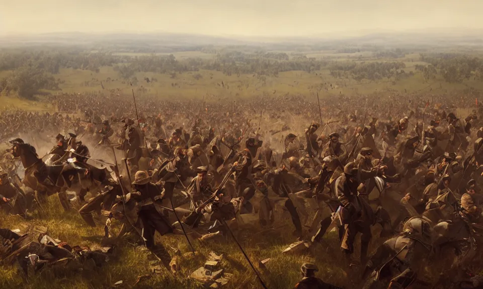 Prompt: The Battle of Gettysburg, Civil War historical depictions between the Union and Confederacy, National Geographic, historical artistic depiction, trending on artstation, digital art, by Greg Rutkowski