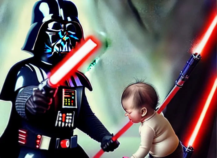 Prompt: hyperrealistic mixed media fine art painting of darth vader with red lightsaber drawn about to battle a cute baby, stunning 3d render inspired art by WLOP and Artgerm and Greg Rutkowski and Alphonse Mucha + perfect facial symmetry + dim volumetric lighting, 8k octane beautifully detailed render, post-processing, extremely hyperdetailed, epic composition, grim yet sparkling atmosphere, cinematic lighting + masterpiece, trending on artstation