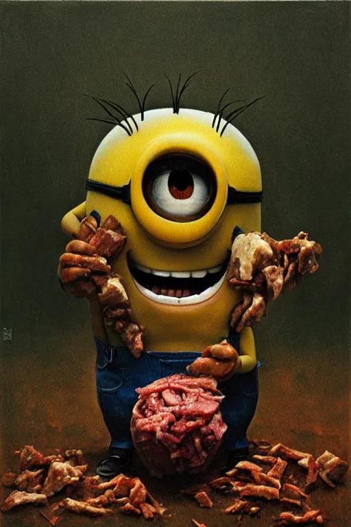 Prompt: a minion devouring a ball of meat in the style of beksinski