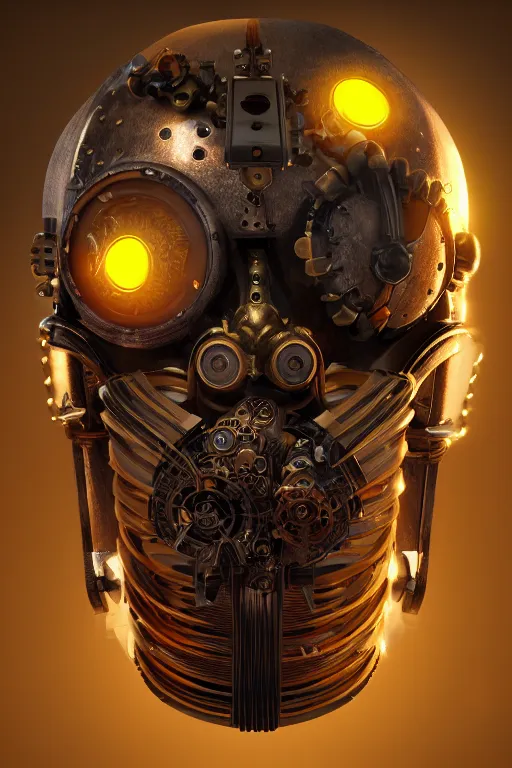 Image similar to steampunk mask minimalist fantasy art robot ninja helmet, global illumination ray tracing hdr fanart arstation by sung choi and eric pfeiffer and gabriel garza and casper konefal radiating a glowing aura