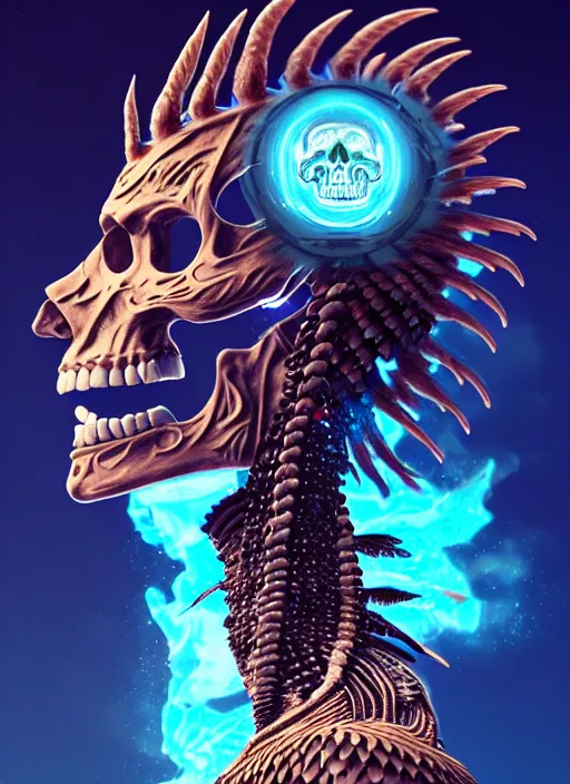 Image similar to 3 d shaman with tattoos profile portrait, sigma 5 0 0 mm f / 5. beautiful intricate highly detailed quetzalcoatl skull and feathers. bioluminescent, plasma, lava, ice, water, wind, creature, thunderstorm! artwork by tooth wu and wlop and beeple and greg rutkowski, 8 k trending on artstation,