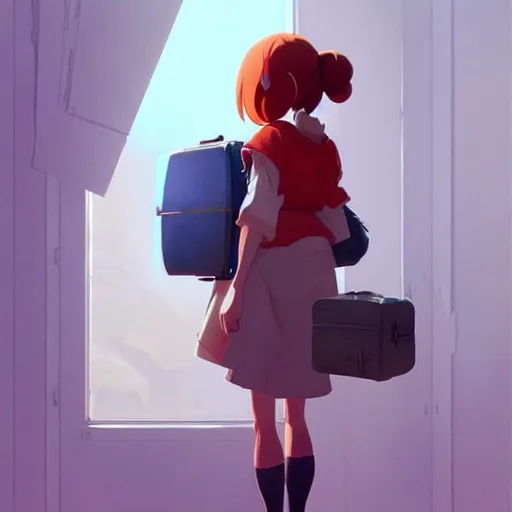 Image similar to goro fujita ilustration heerful girl taking the suitcases out of her house, characterized by masamune shirow, by greg rutkowski., character art, sharp focus, highly detailed, artstation