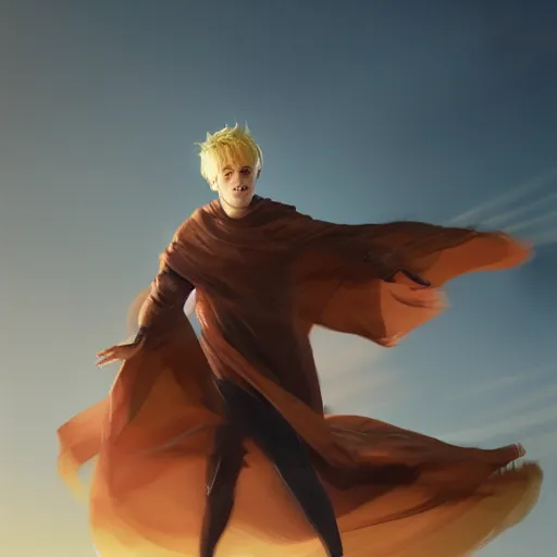 Image similar to blonde boy with golden eyes wearing a brown cape and flying in t pose, energy background, brush strokes, greg rutkowski