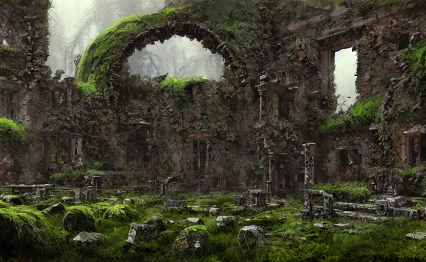 Image similar to ruins of an old castle covered by plant and moss by greg ruthkowski and craig mullins