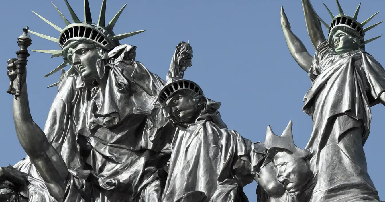 Prompt: guy looking like statue of liberty rides a motorbike