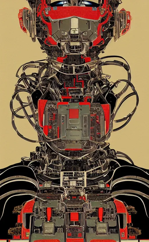 Image similar to upper half portrait of army mecha robot - wires and vines as poster design borders, art by utagawa kunisada, highly detailed, digital painting, concept art, illustration, smooth sharp focus, intricate, symmetry, artstation, colourful,