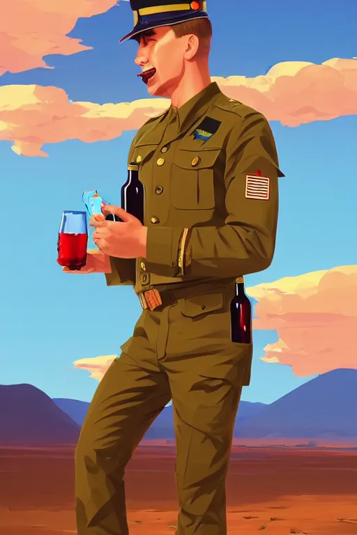 Prompt: funny drunk soldier with bottle in his hand in the desert, smooth face, centered median photoshop filter cutout vector behance hd by artgerm, jesper ejsing, by rhads, makoto shinkai and lois van baarle, ilya kuvshinov, rossdraws, illustration, art by ilya kuvshinov and gustav klimt