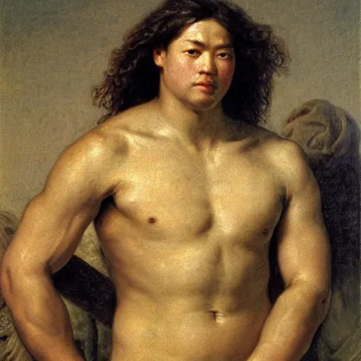 Prompt: Gladiator, muscular, asian, handsome, detailed face, correct face, painting by Jean Baptiste Greuze