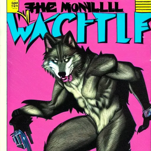 Image similar to 1 9 8 0 s comic book cover scan featuring a portrait of villain male wolf o'donnell anthropomorphic wolf furry fursona from starfox wearing a dark leather space mercenary uniform, fluffy eyebrows, dark grey wolf, wolf o'donnell, magazine scan, 1 9 8 0 s artwork scan