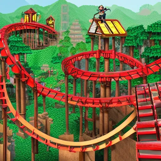 Image similar to digital concept art of donkey kong country theme park with a minecart roller coaster
