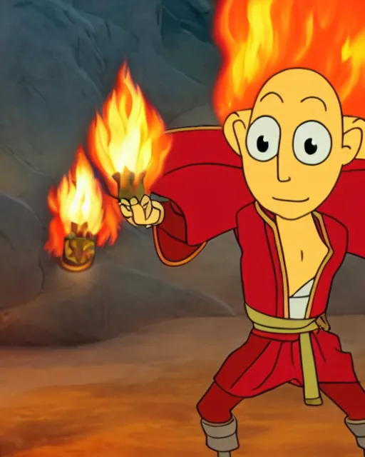 Image similar to squidward wearing fire nation clothing and practicing firebending