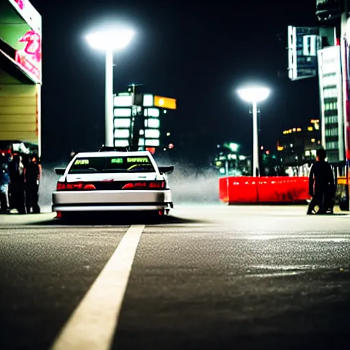 Image similar to a car JZX100 turbo drift at illegal car meet, shibuya prefecture, midnight mist streetlights, color grade, photorealistic, highly detailed wheels, highly detailed