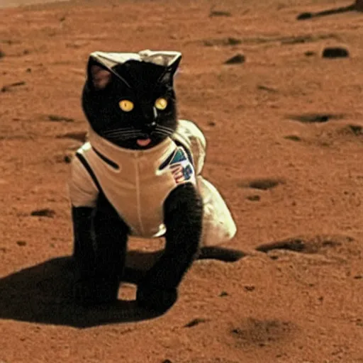 Image similar to a cat wearing a spacesuit in mars