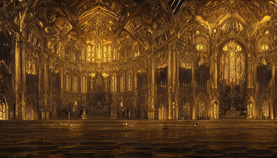 Prompt: Interior of a black and gold church, hyperdetailed, artstation, cgsociety, 8k