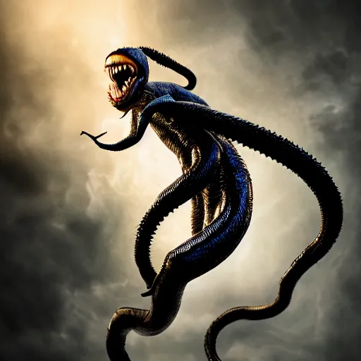 Image similar to full body pose, hyperrealistic photograph of venom, dim volumetric lighting, 8 k, octane beautifully detailed render, extremely hyper detailed, intricate, epic composition, cinematic lighting, masterpiece, trending on artstation, very very detailed, stunning, hdr, smooth, sharp focus, high resolution, award, winning photo, dslr, 5 0 mm