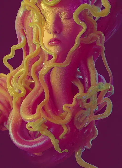 Image similar to subsurface scattering, medusa made of soft wax, cgsociety, translucent, organic squid and ceramic art nouveau swirls, golden orbs, colored smoke, in the style of alberto seveso and ruan jia and beeple and giger, mystical colors, back light, rim light, dramatic lighting, 8 k, stunning scene, raytracing, octane render