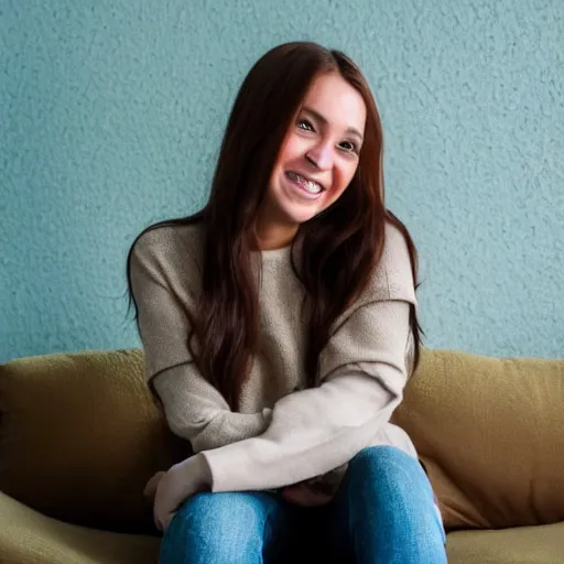 Image similar to a cute young woman smiling, long shiny bronze brown hair, full round face, green eyes, medium skin tone, light cute freckles, smiling softly, wearing casual clothing, relaxing on a modern couch, interior lighting, cozy living room background, medium shot, mid-shot, soft focus