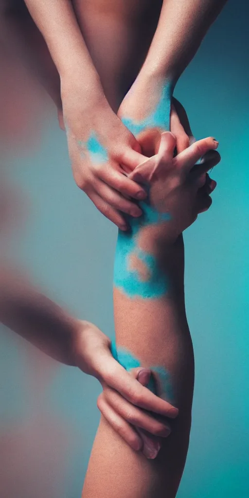 Image similar to a blurry closeup picture of skin gripped tightly, human bodies, hands, macro photography, long exposure photograph, surrealism, anamorphic bokeh, orange and cyan lighting, cinematic