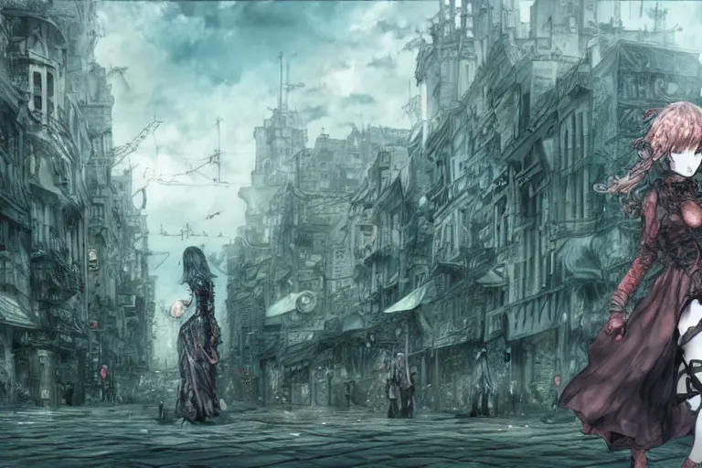 Prompt: goth woman in front of city, color page, tankoban, 4 k, tone mapping, akihiko yoshida, james jean andrei riabovitchev marc simonetti, yoshitaka amano, long hair, curly, h. hydrochaeri