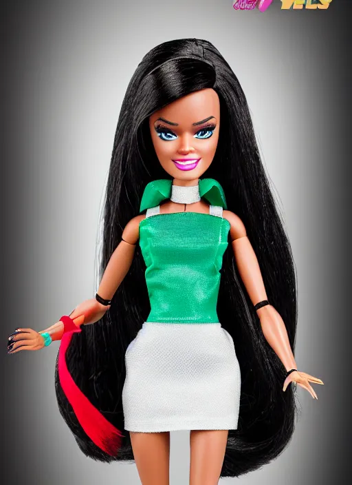 Image similar to Shego as a Barbie doll, symmetrical details, by Mattel (2015), product photography, official media