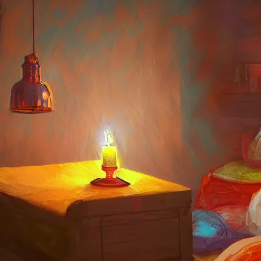 Prompt: a vivid bug with fringes of light and color enters a hostel room and lights a candle, fantasy art