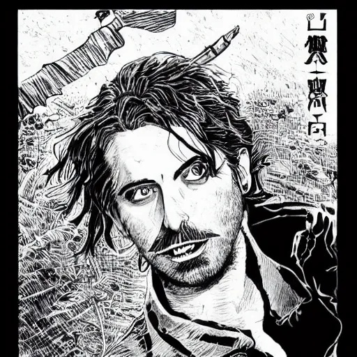 Image similar to pen and ink!!!! attractive 22 year old Frank Zappa x Ryan Gosling golden Vagabond magic swordsman glides through a beautiful battlefield magic the gathering dramatic esoteric!!!!!! pen and ink!!!!! illustrated in high detail!!!!!!!! by Hiroya Oku!!!!! Written by Wes Anderson graphic novel published on shonen jump 2049 award winning!!!!