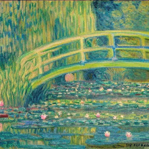 Image similar to the human centipede in the style of monet's the water lily pond