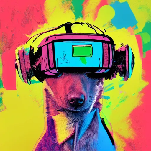 Image similar to illustration of cyberpunk puppy in vr helmet, colorful splatters, by andy warhol and by zac retz and by kezie demessance