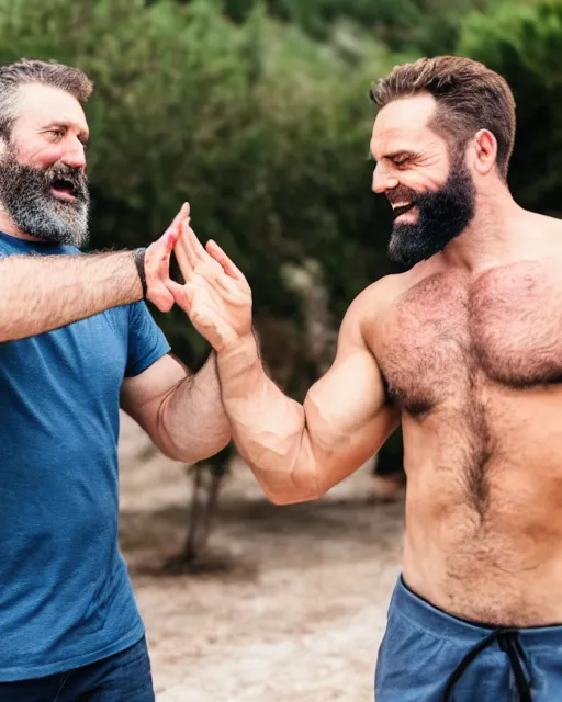 Prompt: two bearded dads on vacation high five, herculean, bulging muscular figure, beautiful gigachad, soft lighting, highly detailed face, sharp focus, photo taken with sony alpha 7 iii