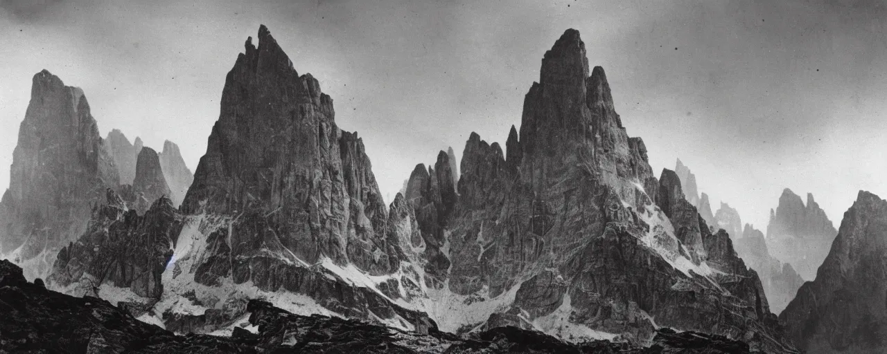 Prompt: 1920s photography of terrifying dolomites dark with occult signs