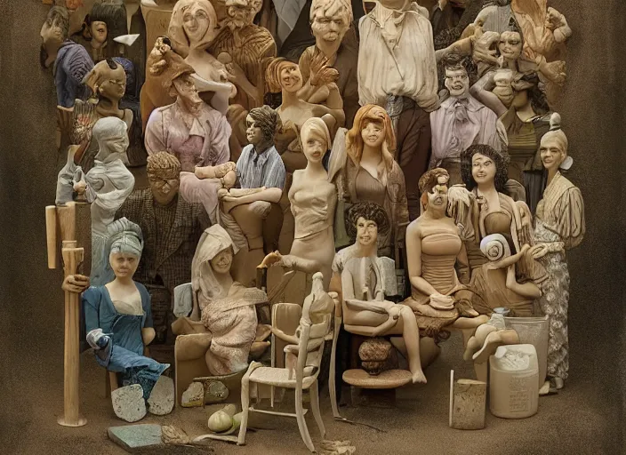 Prompt: people made of plastic and clay exterior office, portrait face, dappled light, in the style of matt murphy, jeremy enecio, miles johnston, monet, cynical realism, john william godward, yoshitaka amano, miles johnston, louise zhang, matt murphy, enes dirig, pekka halonen, finnish naturalism, realism